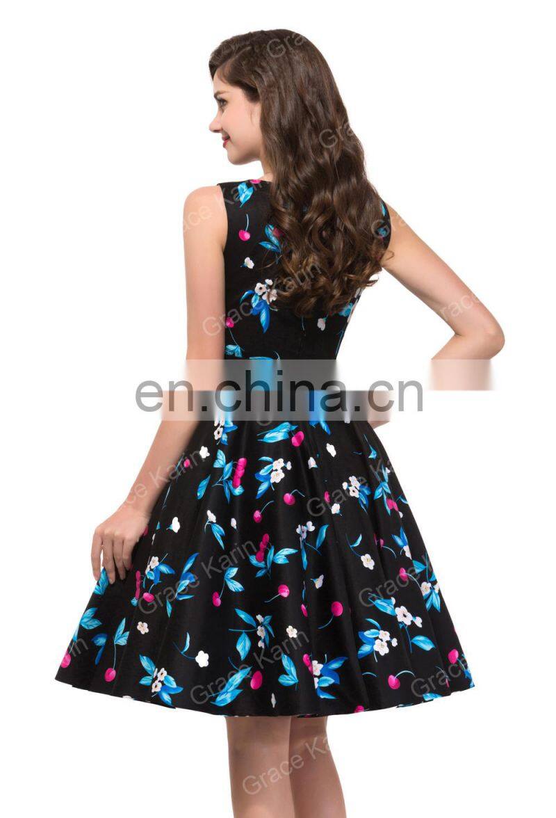 Grace Karin Many Colors Sleeveless Cotton Cheap Short 50s Retro Print Dress CL6086-17#
