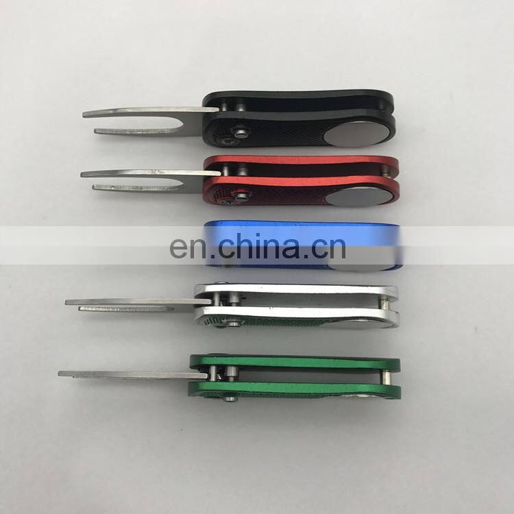 retractable automatic Switchblade metal aluminium alloy golf pitch repair fork kit with ball marker divot tool