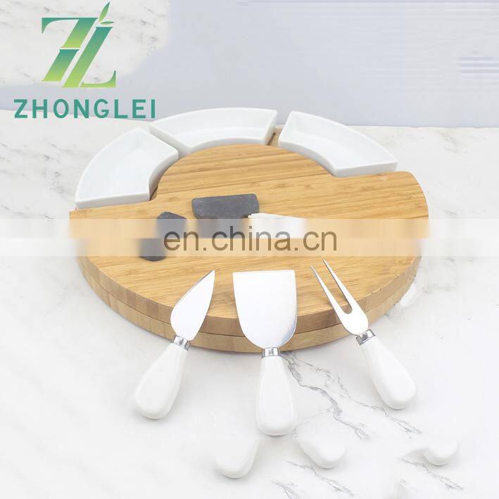 Bamboo Cheese Cutting Board Set - Charcuterie Board Set and Cheese Serving Platter with Ceramic dish