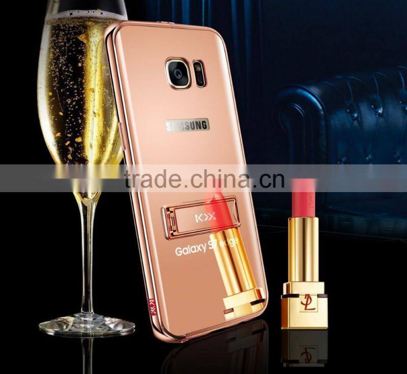 KXX Gold Series Stainless steel Bumper with Acrylic backplaneck Case for Samsung S7 edge Luxury Mirror Back Stand Case MT-5580
