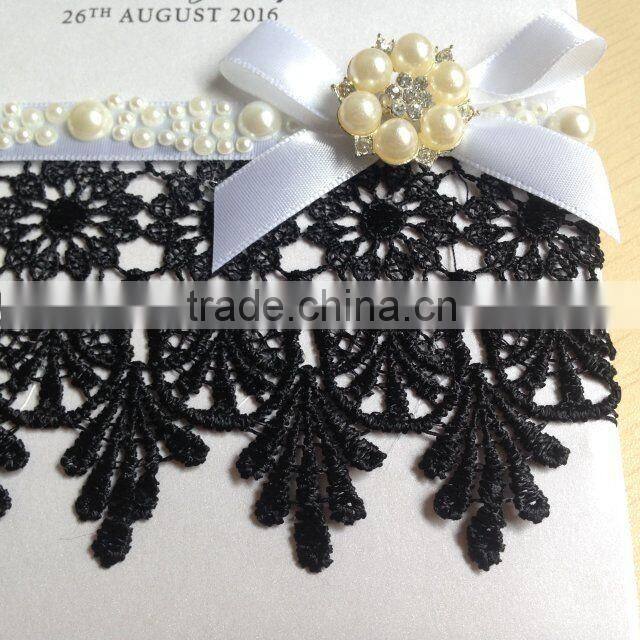 Acctractive silk tie lace edge wedding invitation cards with pearl decoration