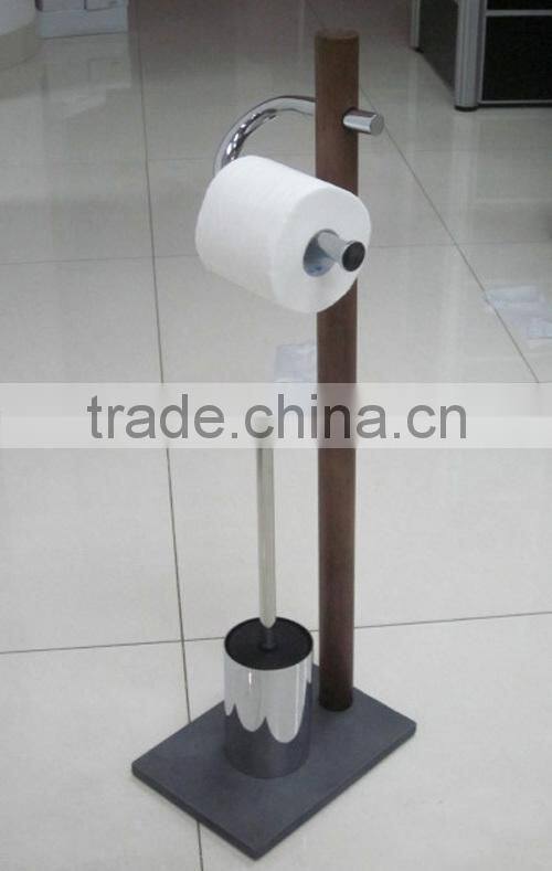 Free standing wood stem metal toilet tissue holders and toilet brush