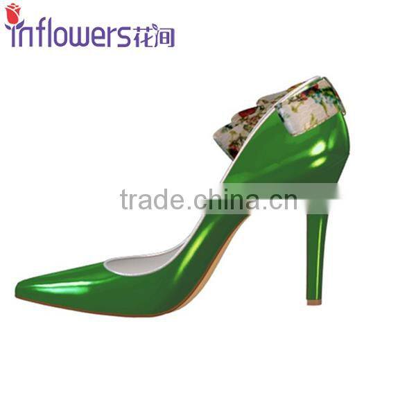 Green patent leather with back bowtie pointed toe ladies high heel shoes