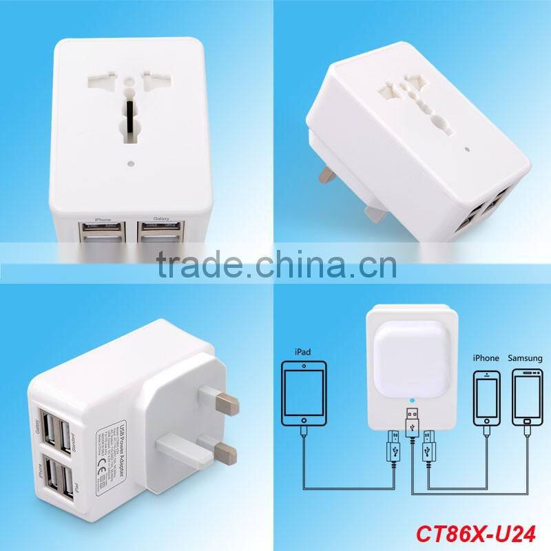 Multi-functional Travel Wall Four Usb Port Charger With One AC Output, UK/US/EU/AU Plug For Mobile