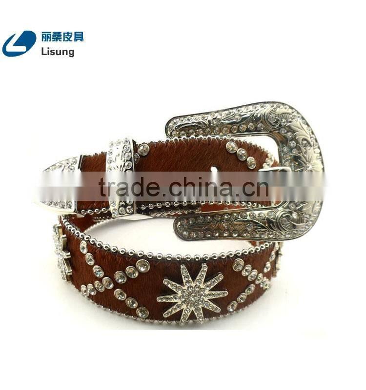 Brown Horse Hair Spur Bling Rhinestone Studded Belt
