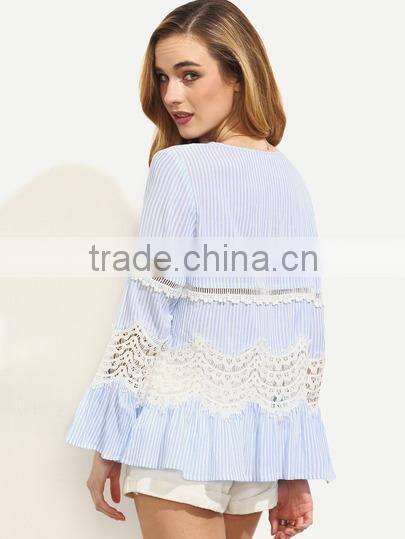 Blouses latest fashion design women clothing Blue Striped Hollow Insert Bell Sleeve Blouse
