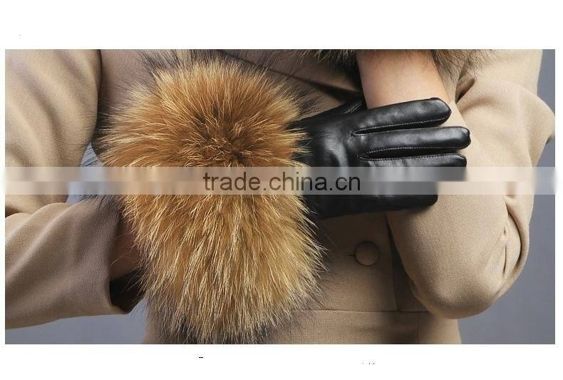 Women Girls Winter Plush Raccoon Fur Leather Mitten Gloves Warm Driving Gift