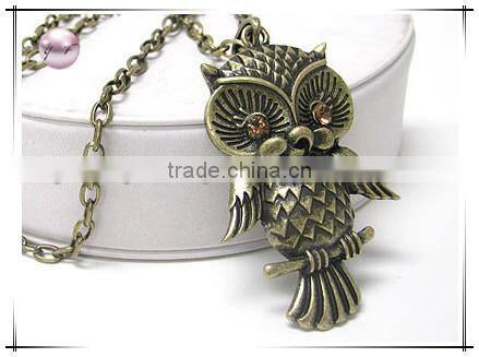 Crystal stud antique metal owl pendant long chain necklace