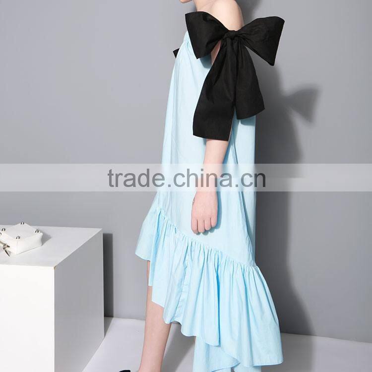 2016 New Multi-wear Big Bow Slash Neck Flouncing Ruffles Hem Strapless Off Shoulder Dress Women Summer