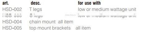 T legs / C legs / Chain mount / Top mount brackets