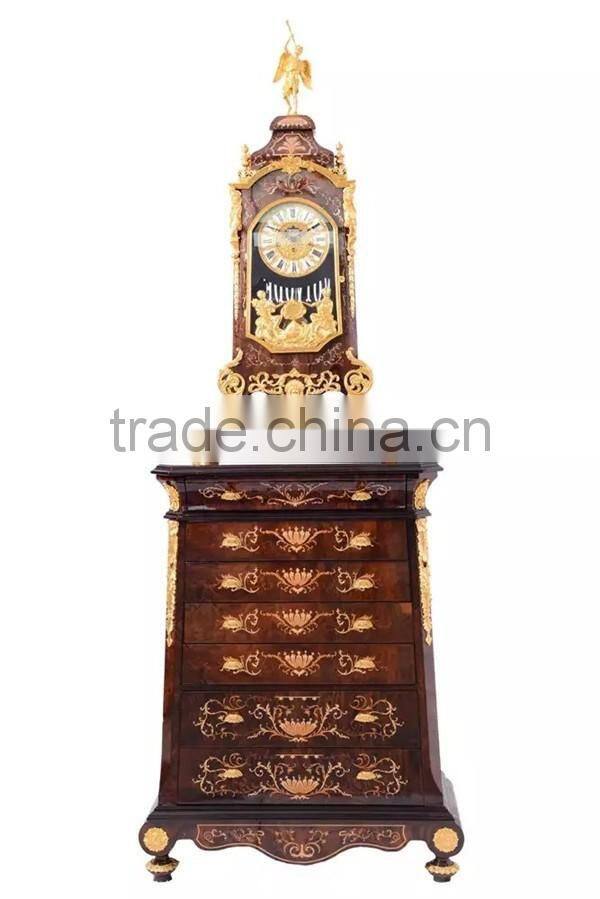 Home Decorative Wooden Table clock With Cabinet, Luxury Brass Inlaid Antique Floor Clock, Hand painting Red wooden Clock
