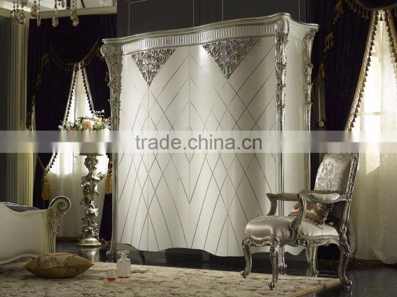 Ancient Rome Style Luxury Designed Four Doors Wardrobe, Exquisite Fine Carved Silver Flower and Leave Decorated Wardrobe