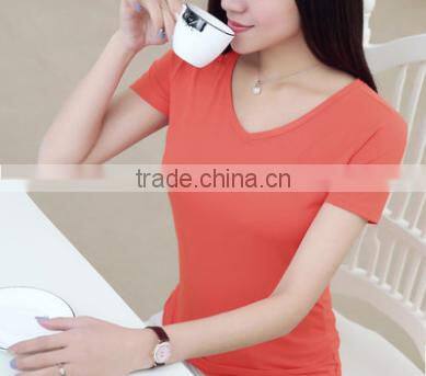 2016 Latest Summer Women Solid Color Heart-shaped Collar Modal Slim Base Short Sleeve T-shirt