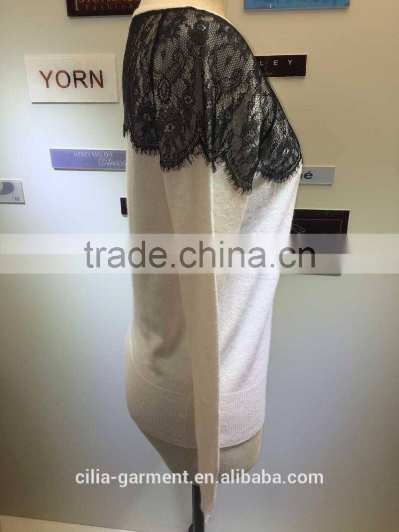 2015 new fashion young lady sweater with lace