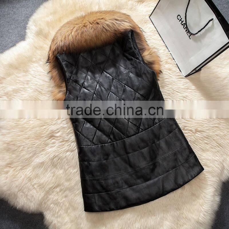 2016 Europe hot sale latest design winter sheep leather with faux fox fur collar vest fashion warm woman vest