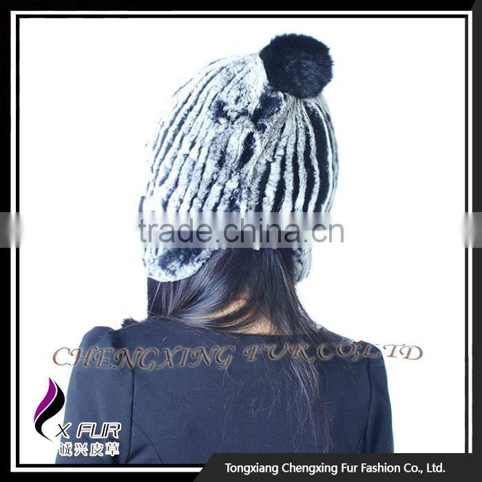 CX-C-116H Hand Knitted Beanie With Fur Ball Stock Rex Rabbit Fur Ladies Hats