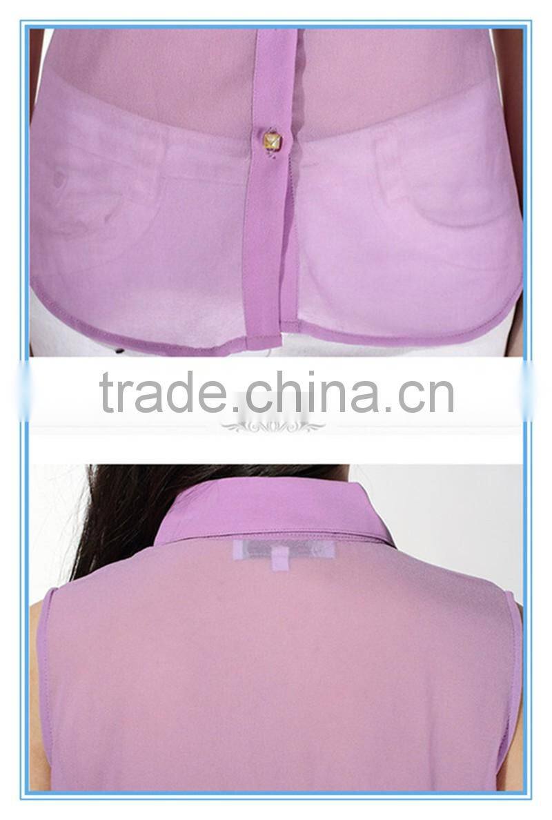 2016 New Fashion Women See Through Chiffon Purple Puffy Vest