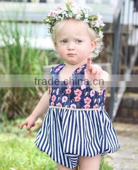 floral printing stripe splicing baby clothes toddle romper for wholesale