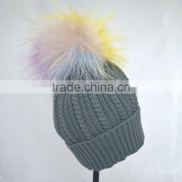 Myfur Grey Color Winter Striped Knitting Cap with Customized Big Fur Pom Pom