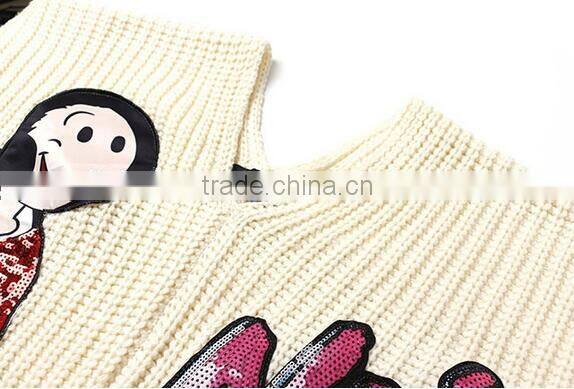 M1209 Runwaylover 2016 latest design fashion ladies v-neck sequin cartoon figure letter pattern sweater