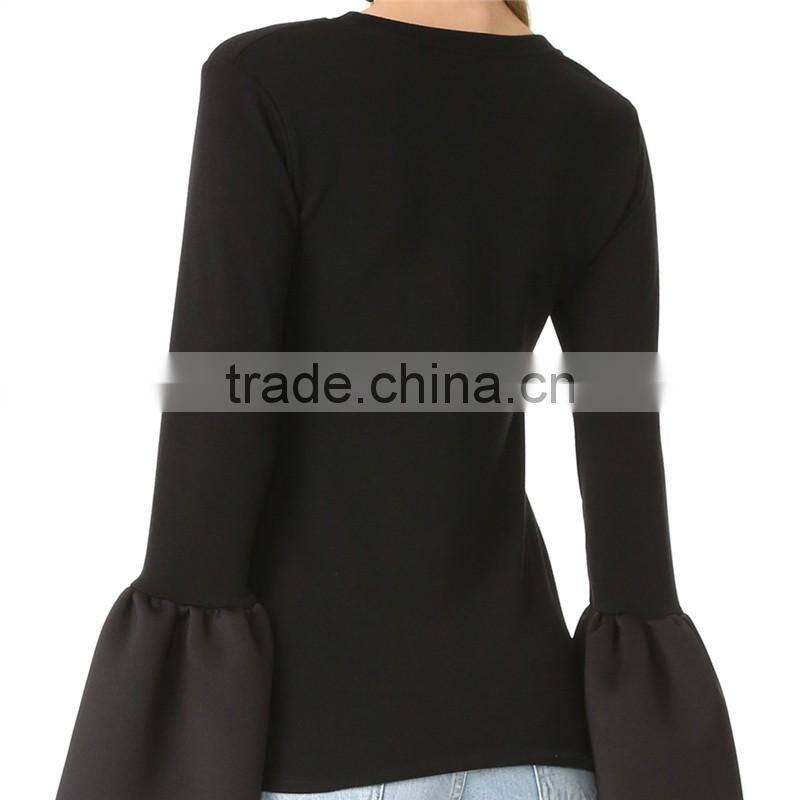 2017 OEM Banded Crew Neckline Flounced Cuffs Feminine Blouses