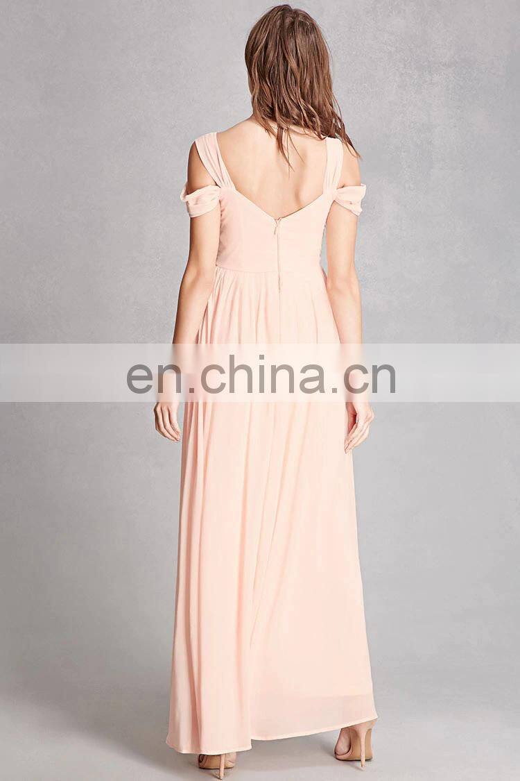 Fancy Chiffon Sweetheart Ladies Maxi Dress with Ruched Sleeves