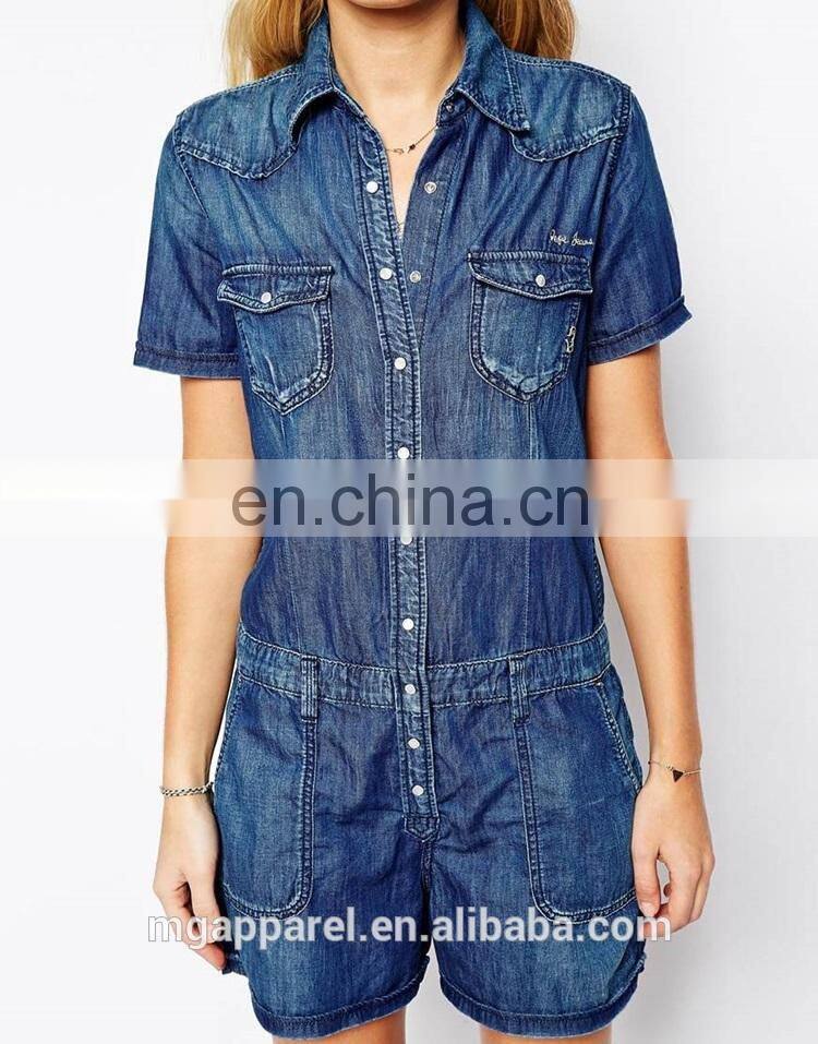 Fashion 2015 denim playsuit side pockets jean denim romper for ladies