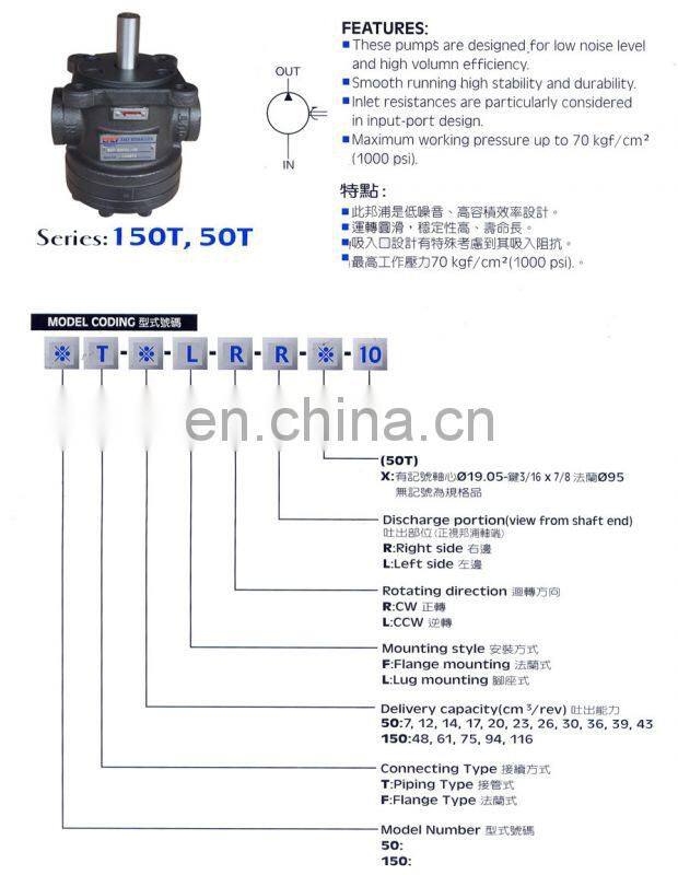 KCL Fixed capacity high and low pressure vane pump 150T-48 150T-61,150T-75,150T-94,150T-116 hydraulic pump 50T-23-F-R-02