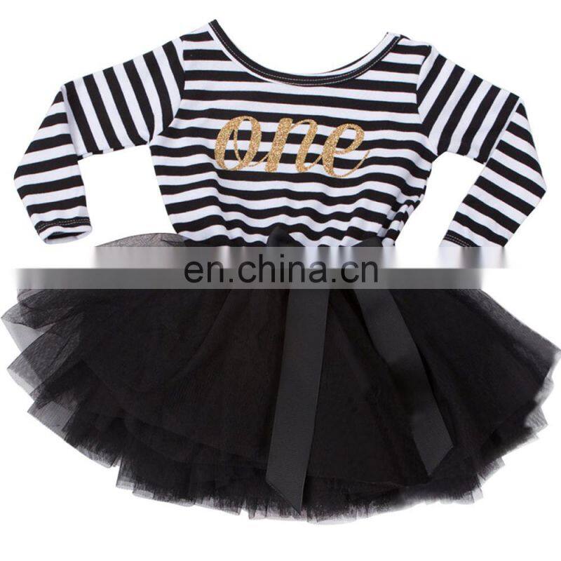 Fashion children party frock dresses long sleeves baby girls striped puffy party dress