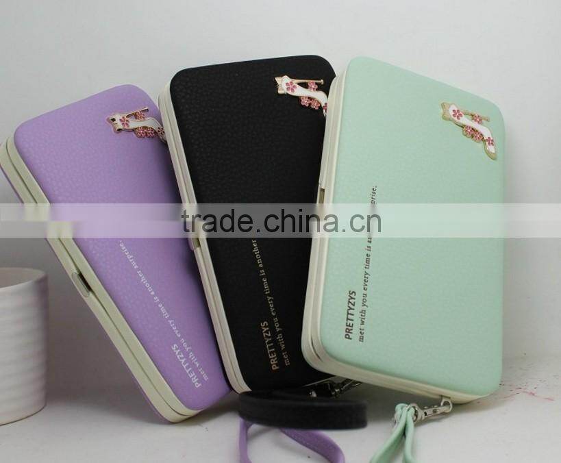 carteira feminina 2015 famous brand wallet high quality PU leather girl cluth Double Zipper purse Decorated with high heeled