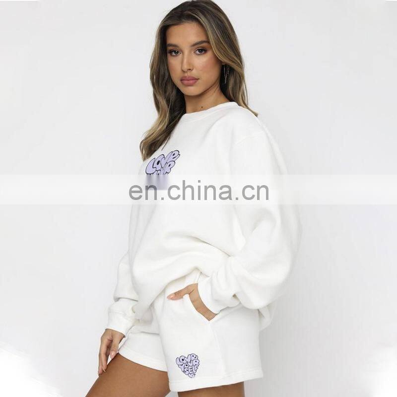 Custom logo autumn and winter casual round neck women's clothing printed letters peach heart shorts long-sleeved sweater suit