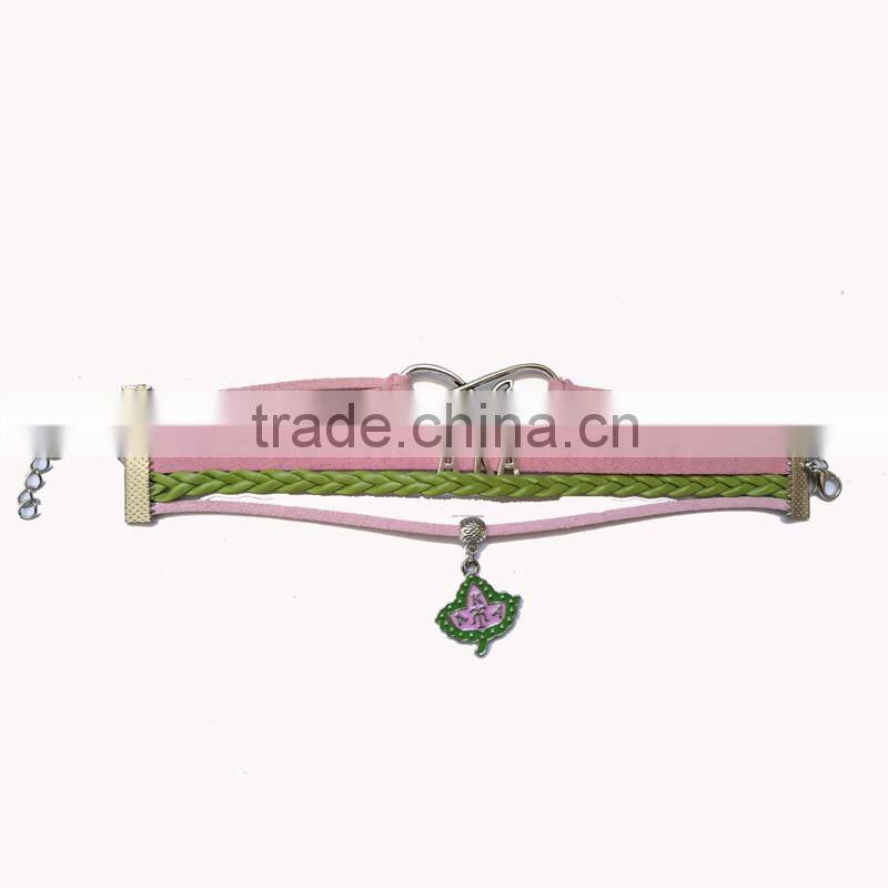 Newest AKA Wrap Bracelet Leaf Alpha Kappaa Alpha AKA Heart Pink Green Custom leather bracelet