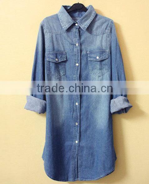 ladies cotton polo collar skirt solid color long sleeve jean blouse