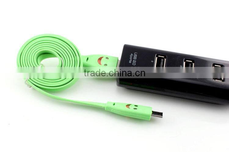 Hot sales flat noodle micro led smile face usb rope data charging cable