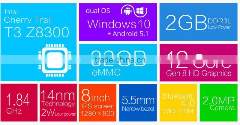 8" Plus Dual Boot Tablet PC Intel Atom 5 Z8300 1.44GHz 2GB 32GB WGA IPS Screen Bluetooth 4.0 HDMI Bluetooth 4.0