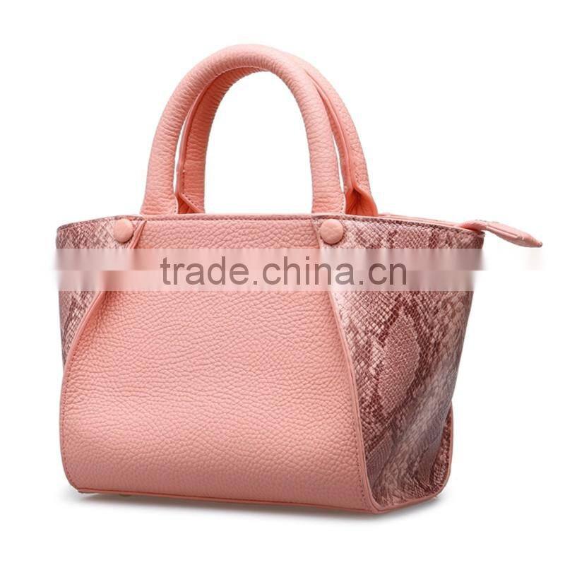 Wholesale fancy nice look pink snake skin pattern genuine leather handbag