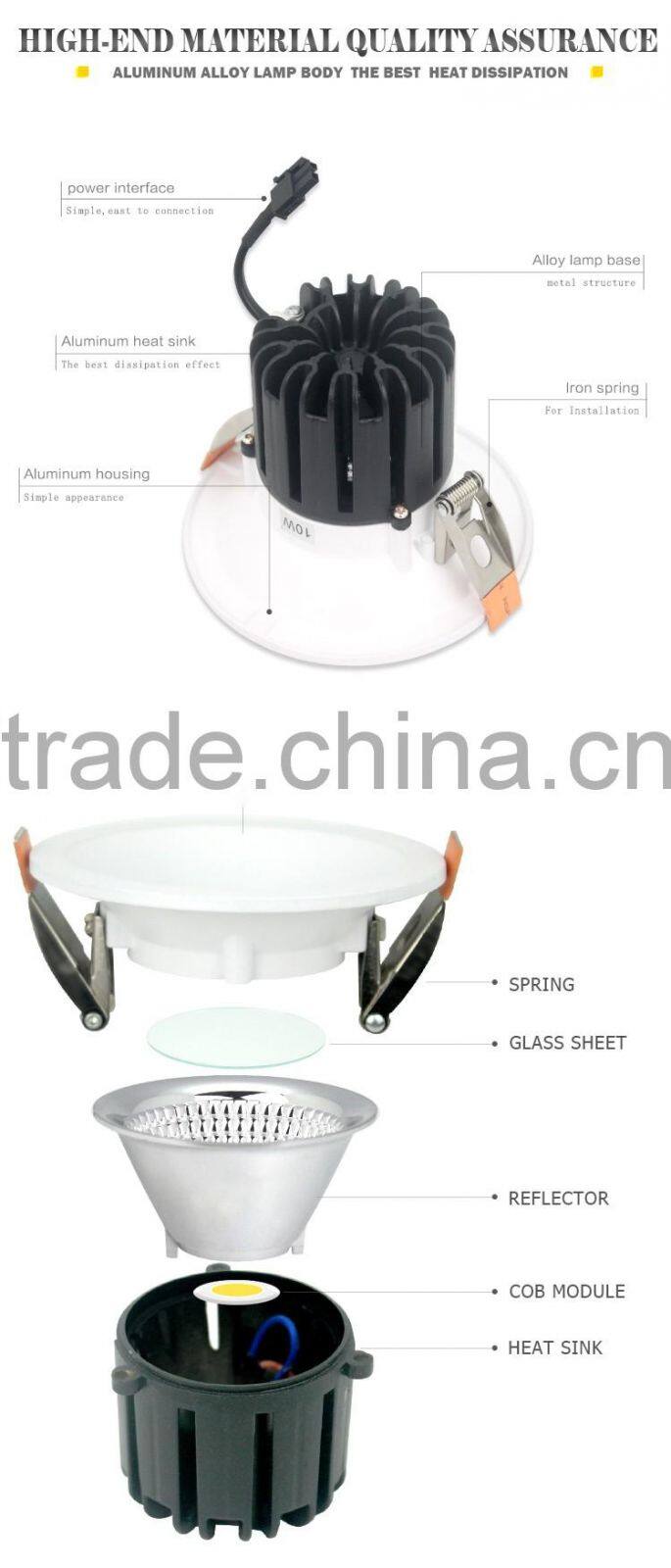 factory wholesale 5 inch 14w dimmable round shape white cob led downlight with 2 years warranty