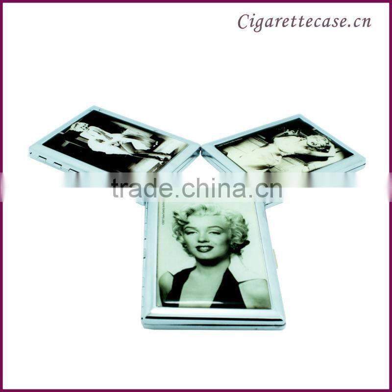 fancy design Metal chormed cigarette case with sticker logo stainless cigarette case with clip