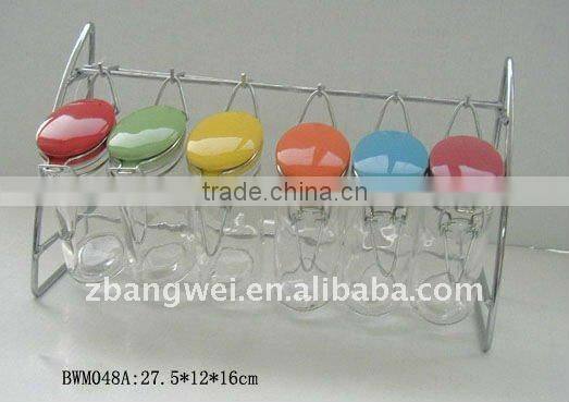 6pcs glass spice jar set with metal stand