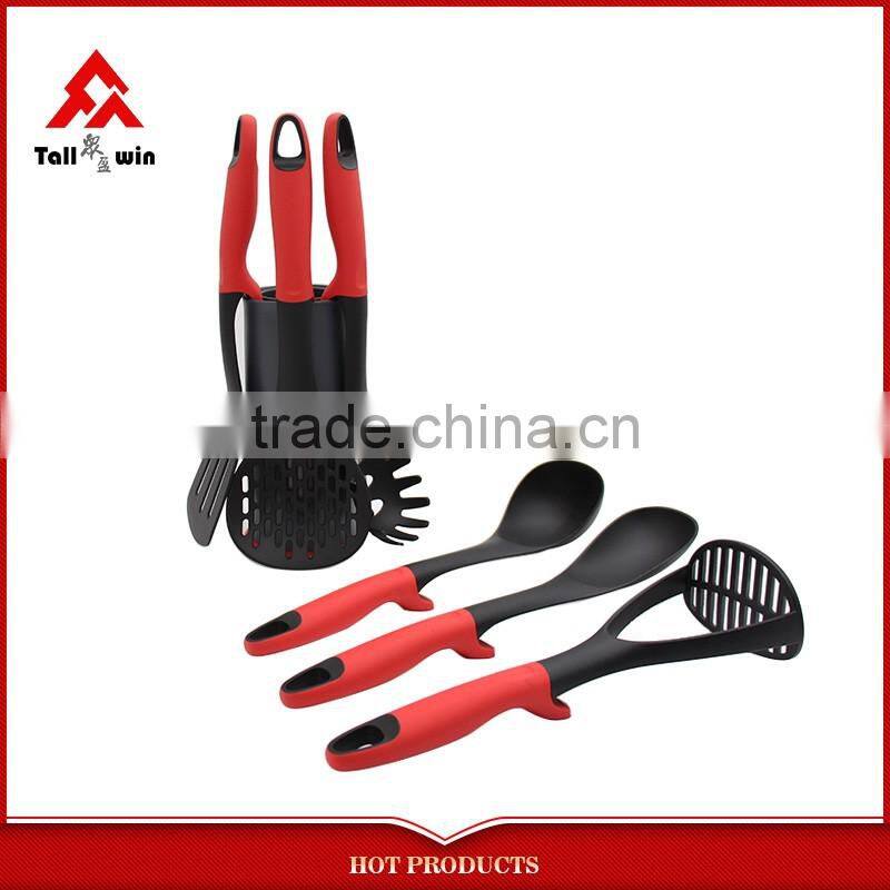5 Piece Kitchen Utensils Tools Set Black Nylon 5Pc Set Includes Solid Spoon Slotted Spoon Slotted Turner Ladle & Masher With PP