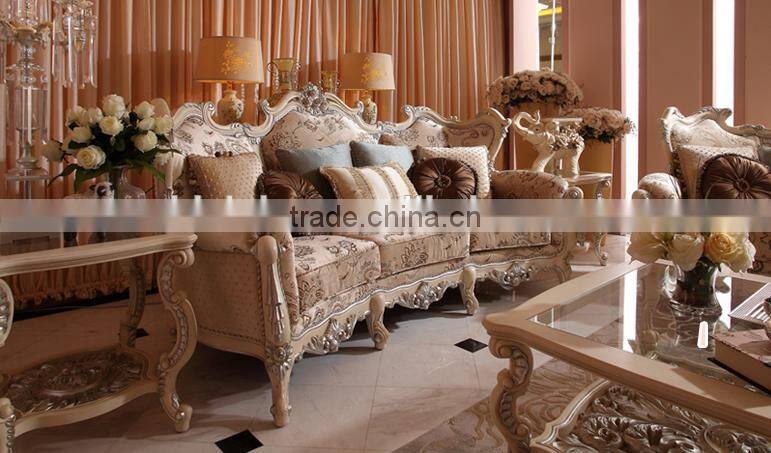 Wooden living room furniture ivory frame antique silver carving fabric sofa set