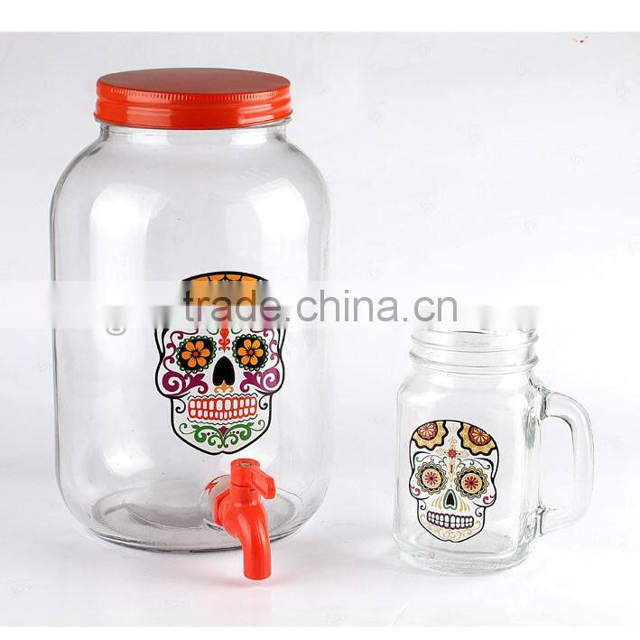 3L Happy Halloween Skull Glass beverage dispenser and mason jar