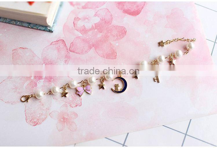 gold cat moon star enamel bowknot heart shape key charms bracelet pearl bead linked bracelet