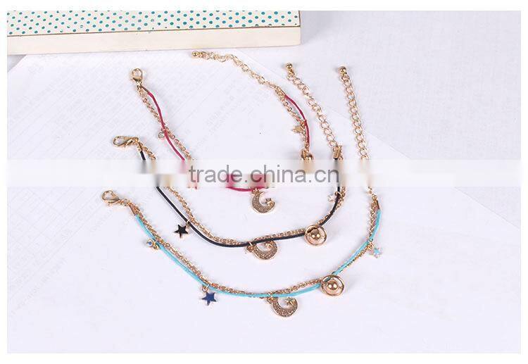 goldfill round smiling face charm bracelet tiny rhinestone charm bracelet colorful rope gold chain layered bracelet
