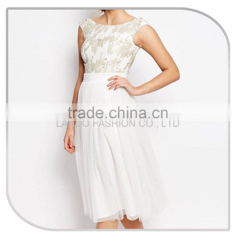 Customized New fashion cap sleeve free prom one piece dress sequin stitching double layer chiffon dress
