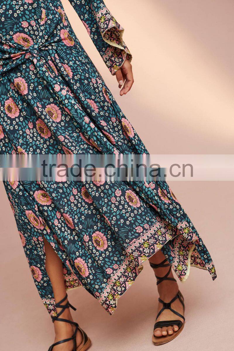 Boho Printed Long Sleeve Tie-Waist Details Frog Women Maxi Dress HSd5208