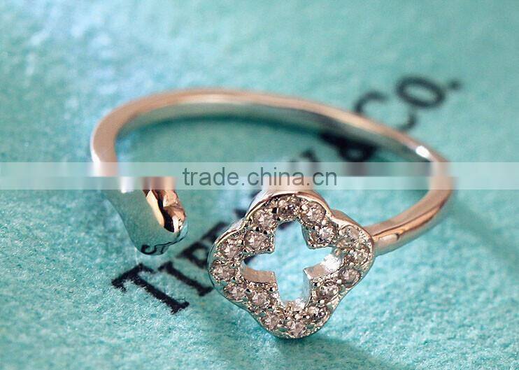 Spritual charm accessory Lucky Clover design top zircon diamond sterling 925 silver open ring