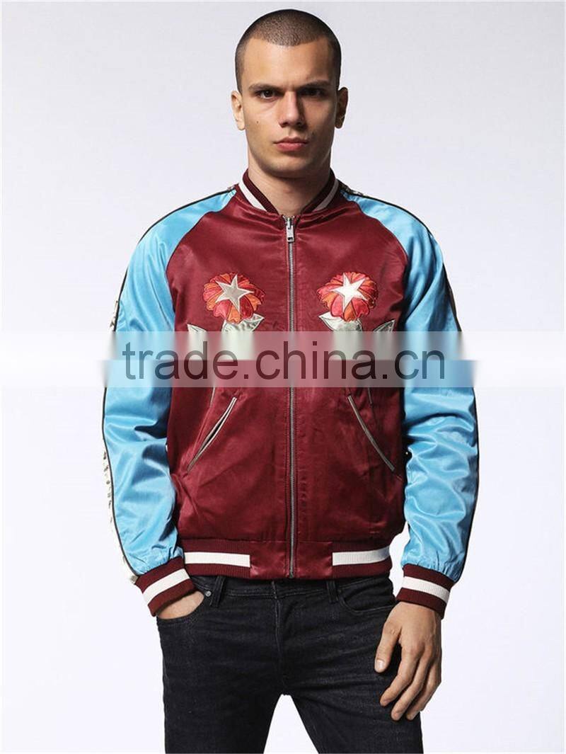 MGOO New Arrival Satin Raglan Long Sleeves Jackets Baseball Red Mens Bomber Jackets With Custom Embroidery