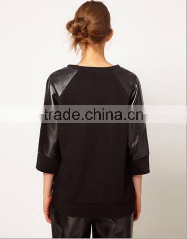 Ladies T shirt,Three quarter 3/4 length sleeve t shirt,leather sleeve t shirts