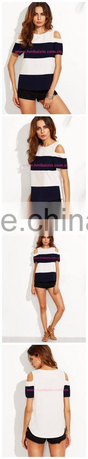 APPAREL Color Block Open Shoulder T-shirt LINEN T SHIRT